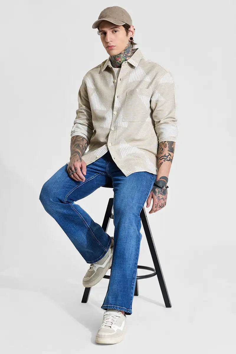 Beige Geometric Relaxed Fit Overshirt