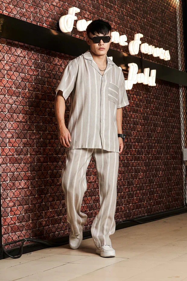 Beige & White Linen Blend Casual Relaxed Fit Short Sleeve Shirt & Gurkha Pants Co-Ord Set