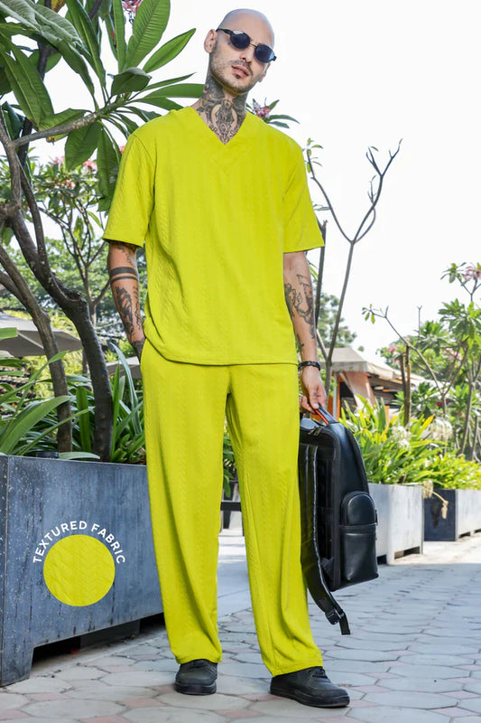 Unisex Lime Green Textured Oversized V-Neck Tee & Trackpant Co-ord Set