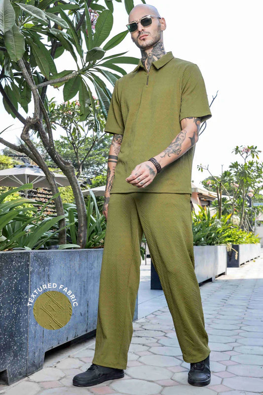 Olive Textured Oversized Polo Neck Tee & Track-pant Co-ord Set