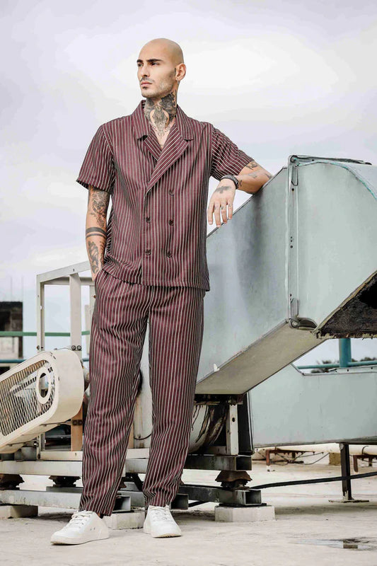 Jacquard Pinstripe Textured Korean Streetwear Co-ord Set