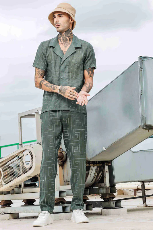 Olive Linen Blend Embroidered Notched Lapel Shirt and All Day Pants Co-ord Set