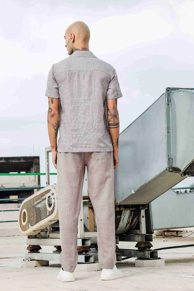 Beige Linen Embroidered Notched Lapel Korean Shirt & Solid Linen All Day Pants Co-ord Set