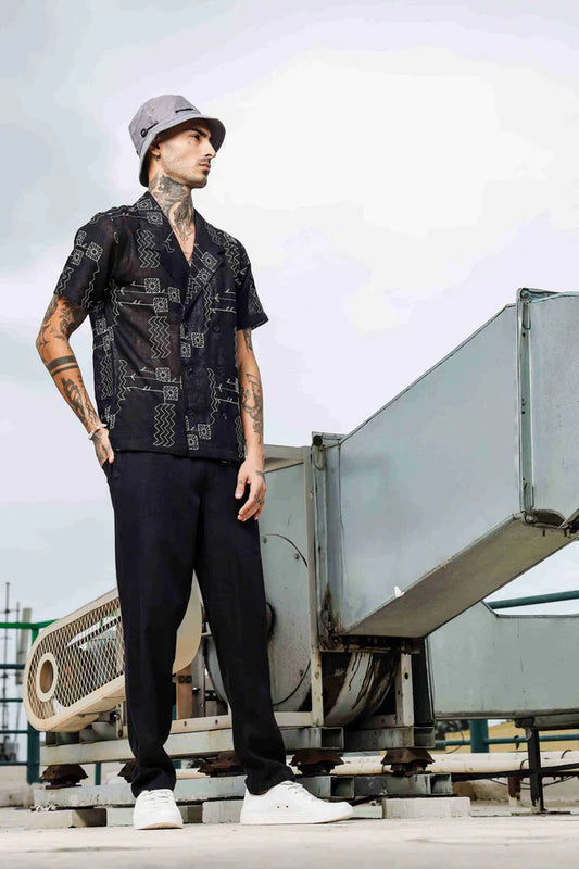 Black Linen Embroidered Notched Lapel Korean Shirt & All Day Pants Co-ord Set