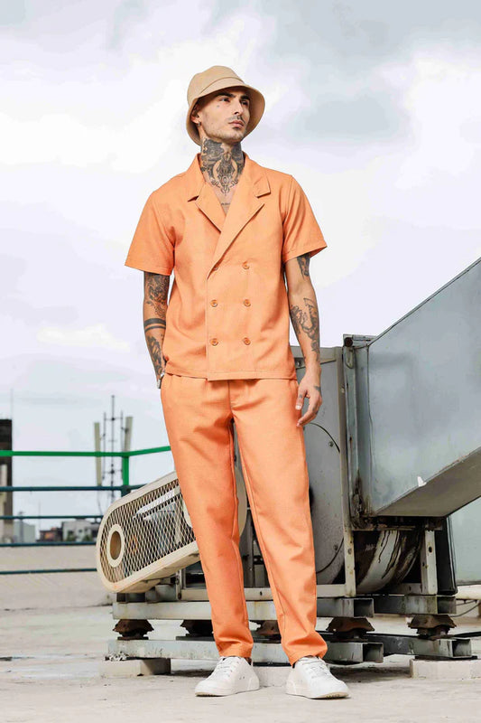 Brown Color Notched Lapel Textured Fabric Shirt & All Day Lounge Pants Co-ord Set