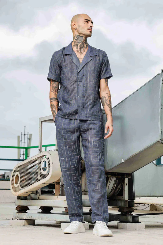 Blue Linen Embroidered Notched Lapel Korean Shirt & All Day Lounge Pants Co-ord Set