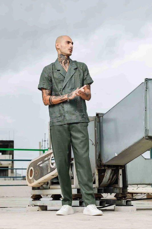 Olive Notched Lapel Linen Embroidered Shirt & Solid Linen All Day Pants Co-ord Set