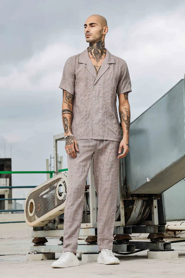 Beige Linen Notched Lapel Shirt & All Day Lounge Pants Embroidered Co-ord Set