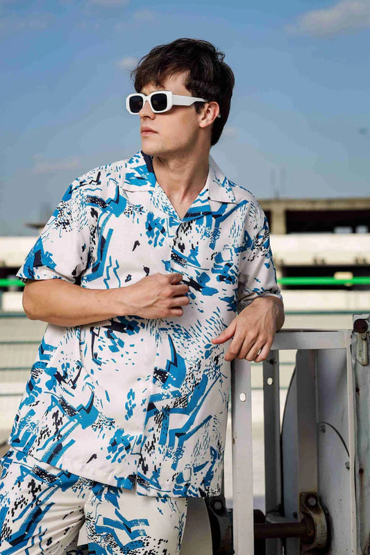 Off White Relaxed Fit Cuban Collar Shirt & All Day Pants Abstract Printed Co-ord Set
