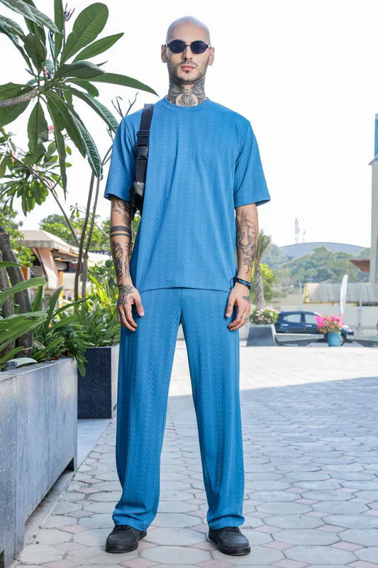 Blue Textured Oversized Round Neck Tee & Track Pant Co-ord Set