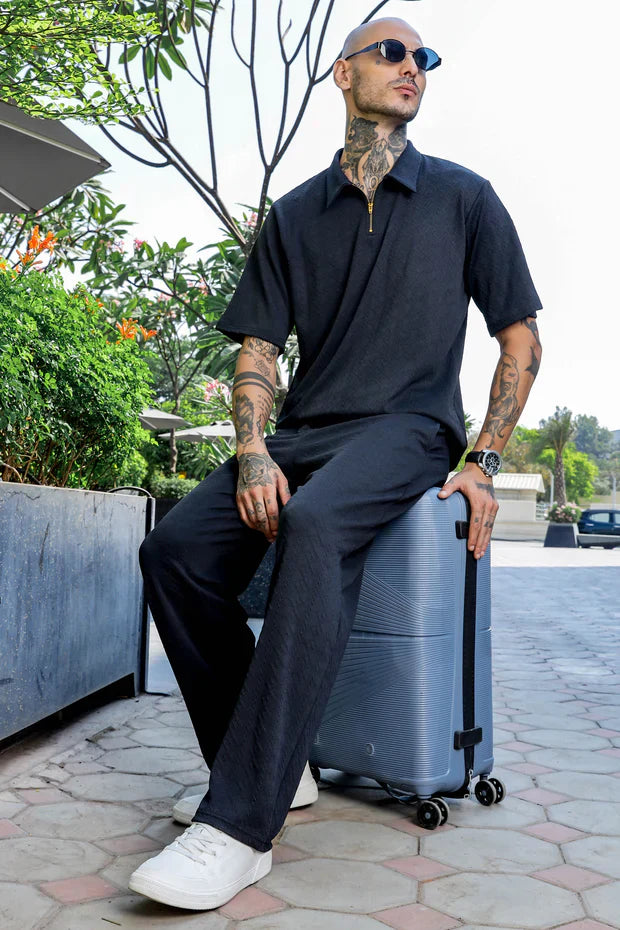 Unisex Black Textured Oversized Polo Neck Tee & Trackpant Co-ord Set
