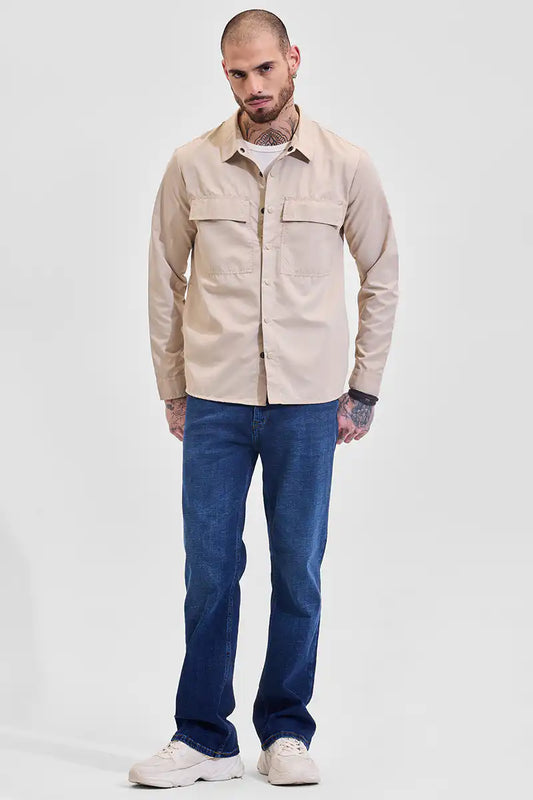 Beige Multi Pocket Relaxed Fit Overshirt