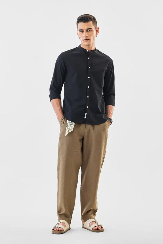 Linen Blend Mandarin Collar Shirt