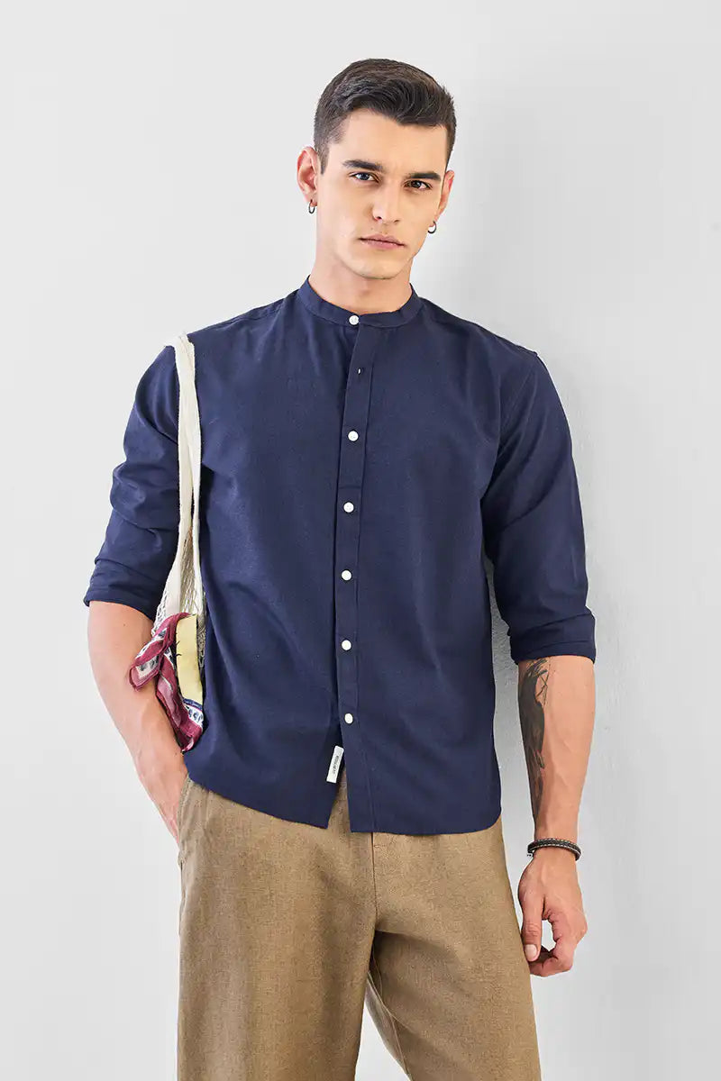 Linen Blend Mandarin Collar Shirt