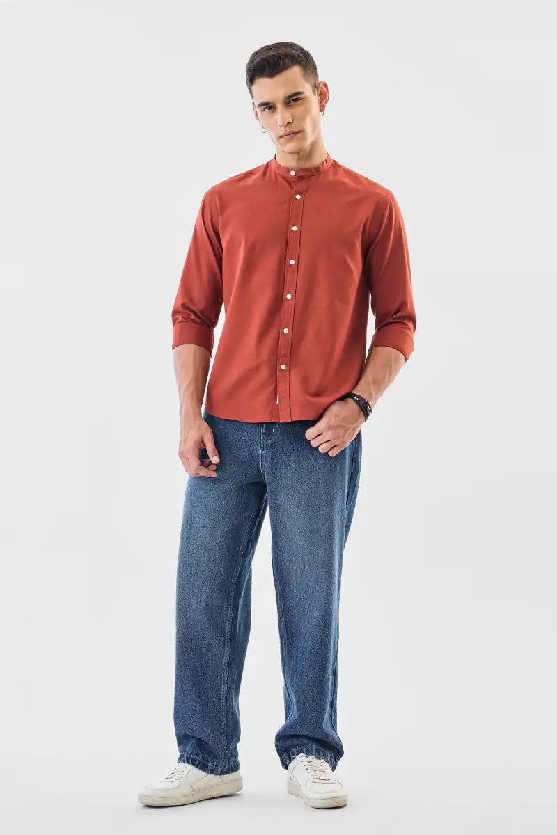 Linen Blend Mandarin Collar Shirt