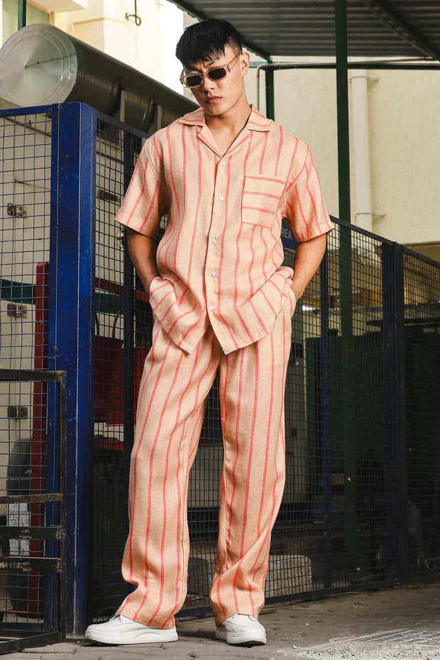 Beige & Orange Linen Blend Casual Relaxed Fit Short Sleeve Shirt & Gurkha Pants Co-Ord Set