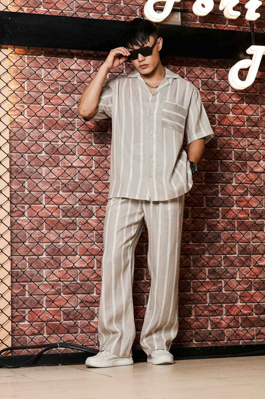 Beige & White Linen Blend Casual Relaxed Fit Short Sleeve Shirt & Gurkha Pants Co-Ord Set