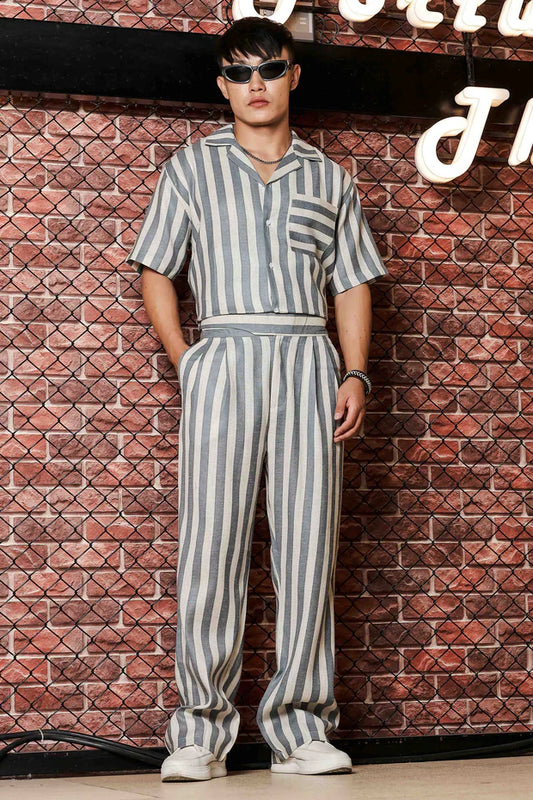 Blue & White Linen Blend Casual Relaxed Fit Short Sleeve Shirt & Gurkha Pants Co-Ord Set