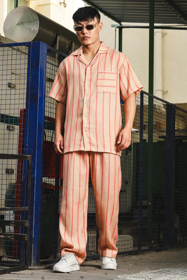 Beige & Orange Linen Blend Casual Relaxed Fit Short Sleeve Shirt & Gurkha Pants Co-Ord Set