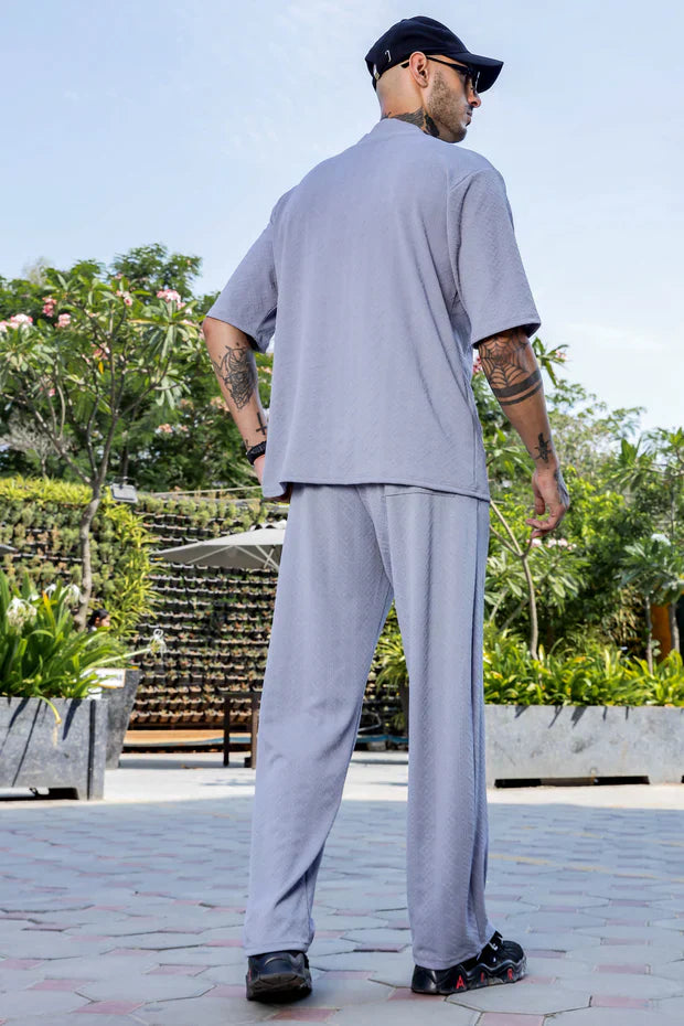 Unisex Grey Textured Oversized V-Neck Tee & Trackpant Co-ord Set