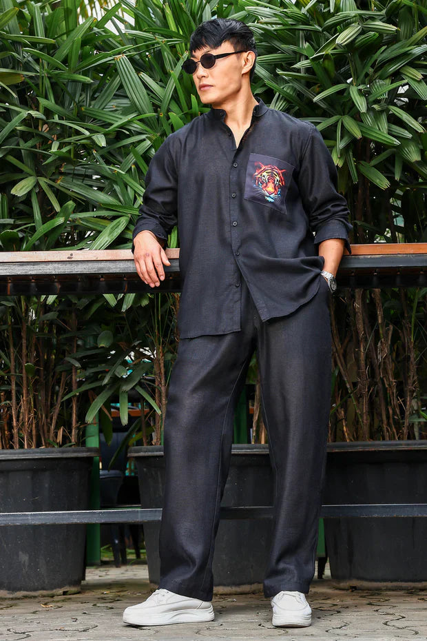 Black Linen Blend Casual Relaxed Fit Mandarin Collar Shirt & All Day Pants Co-Ord Set (Copy)