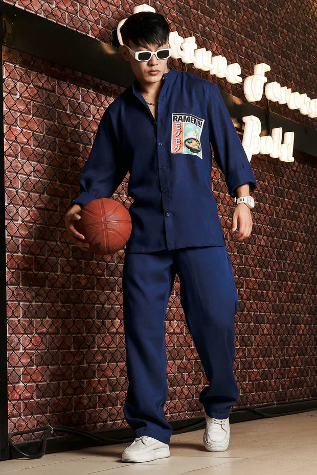 Navy Blue Linen Blend Casual Relaxed Fit Mandarin Collar Shirt & All Day Pants Co-Ord Set