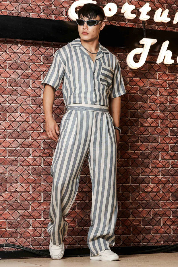 Blue & White Linen Blend Casual Relaxed Fit Short Sleeve Shirt & Gurkha Pants Co-Ord Set
