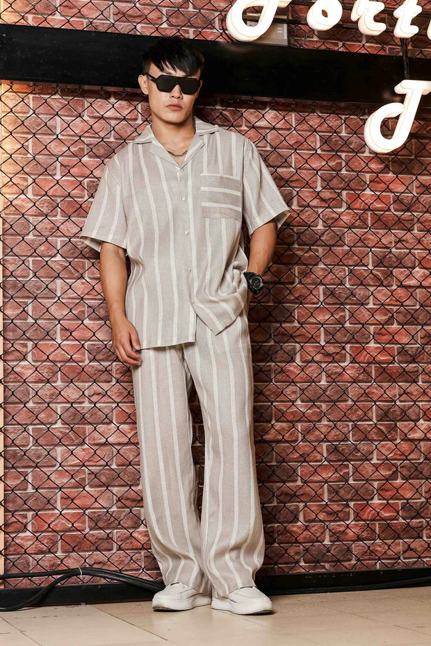 Beige & White Linen Blend Casual Relaxed Fit Short Sleeve Shirt & Gurkha Pants Co-Ord Set